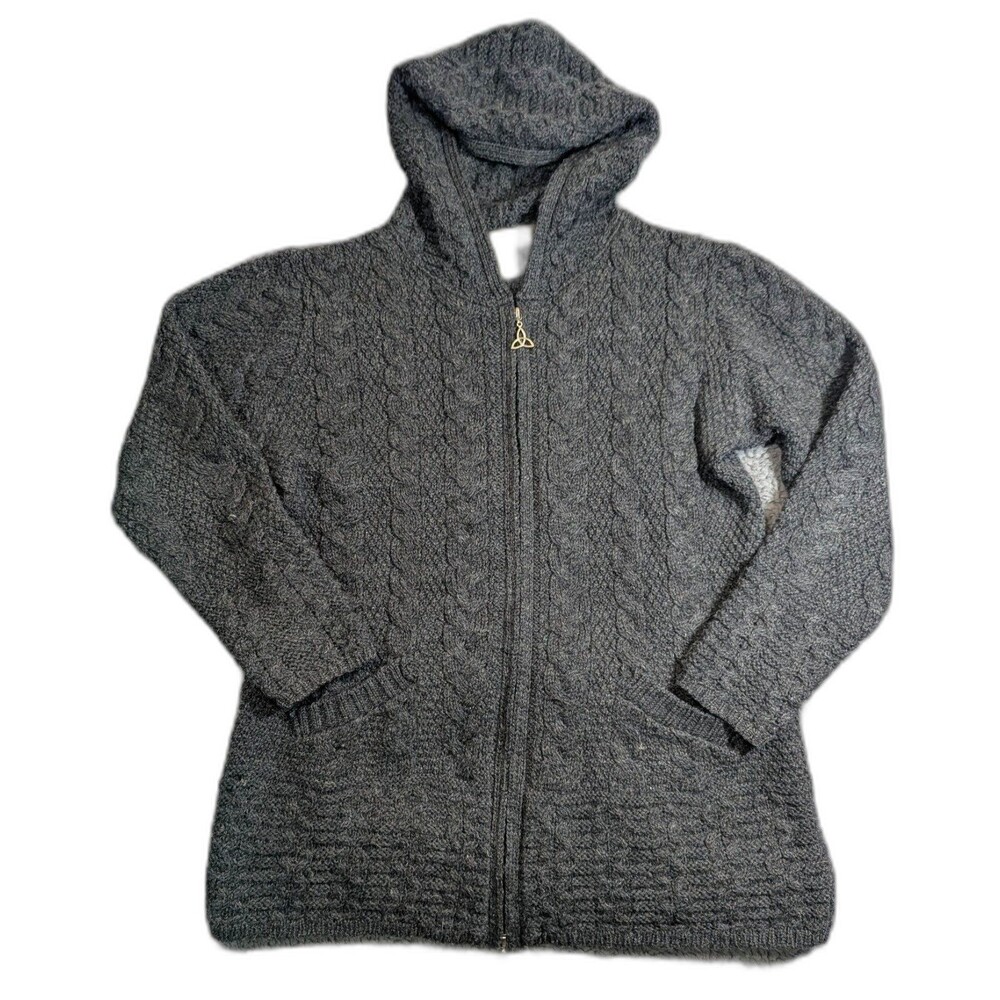 Inis Crafts Hoodie Sweater Womens M Gray Merino Wool Cable Knit Ireland Zip